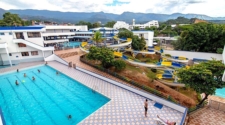 Aerial view of the pools and grounds at the Cafam holiday centre in Melgar, Tolima