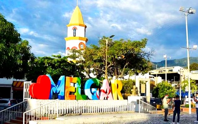 Colourful Melgar sign in the main square of the town, Tolima, Colombia
