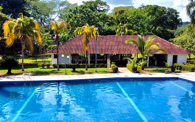 Piscina rodeada de palmeras y zonas verdes en un condominio de Melgar, Tolima